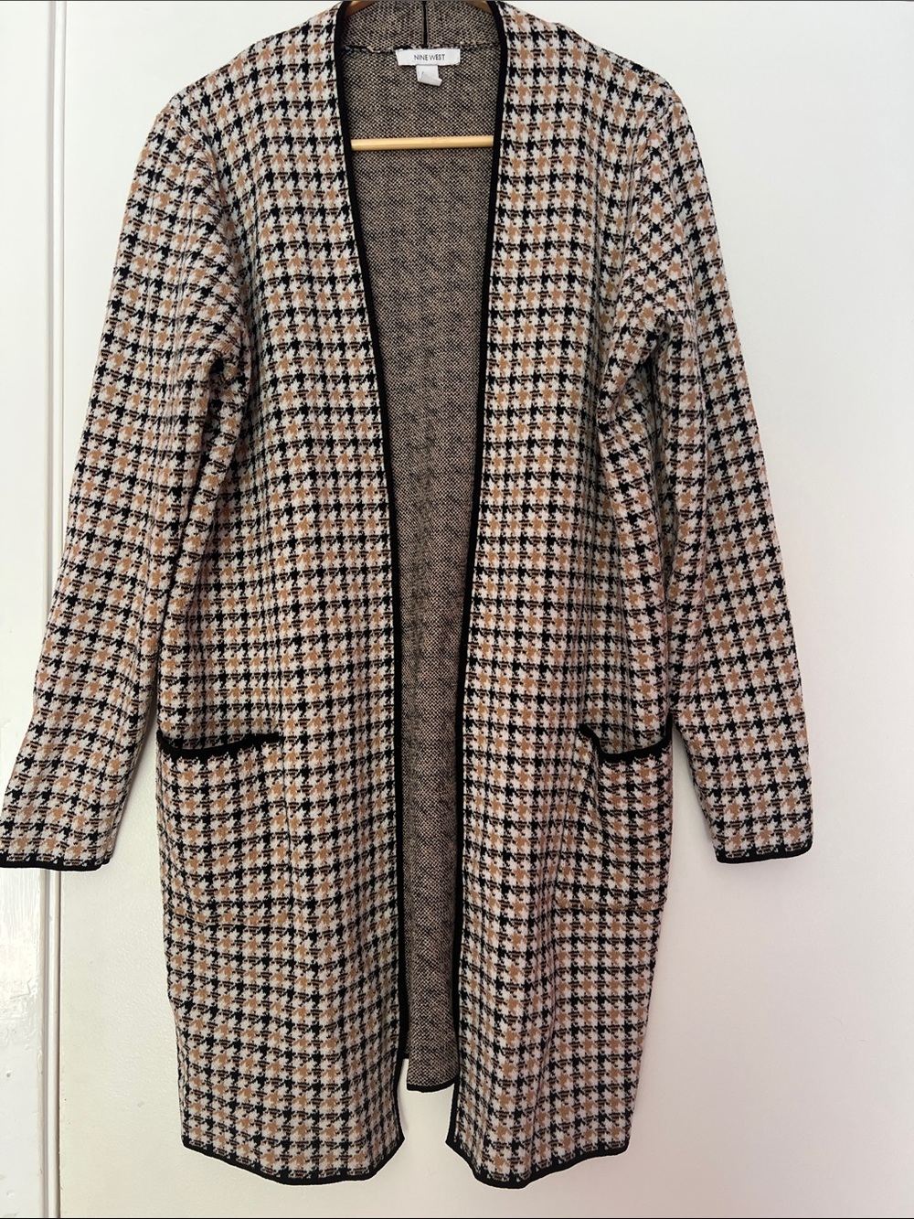 Nine West Beige, Black & White Houndstooth Open-Front Coat